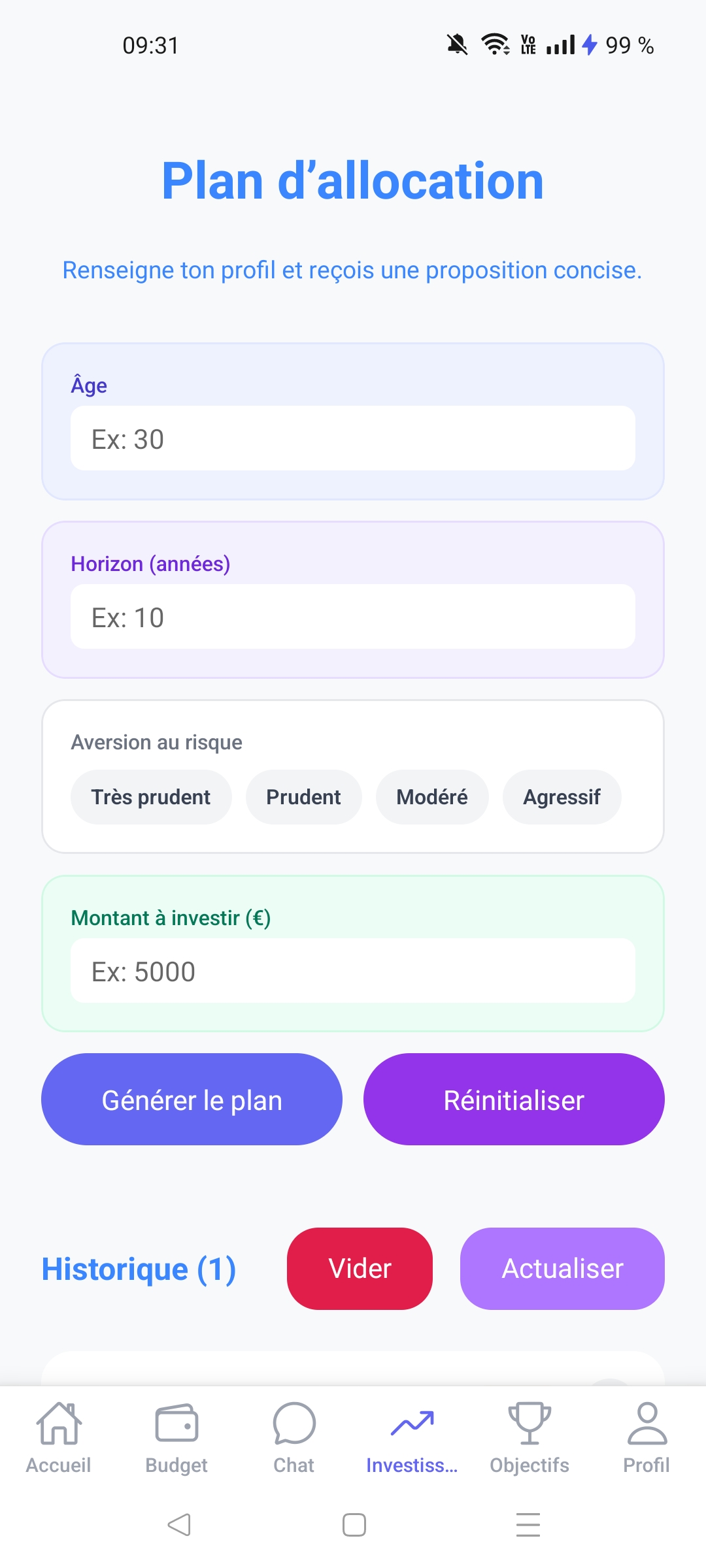 Capture écran investissements Moneytia